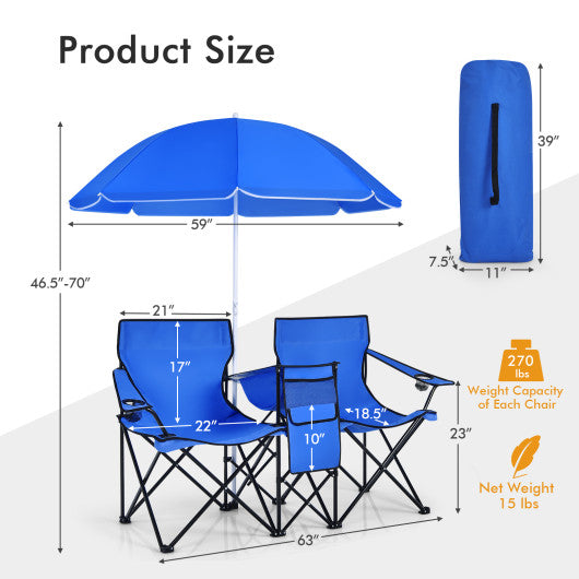 Portable Folding Picnic Double Chair with Umbrella-Blue