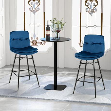 2 Pieces 29 Inch Velvet Bar Stools Set with Tufted Back and Footrests-Blue