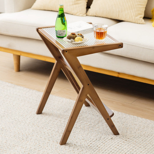 Boho End Table with Magazine Rack and Tempered Glass Top-Walnut