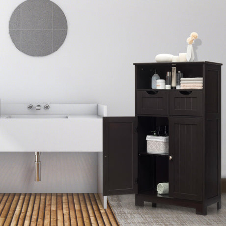 Bathroom Wooden Side Cabinet  with 2 Drawers and 2 Doors-Dark Brown