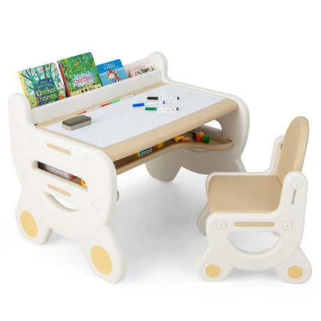 Kids Drawing Table and Chair Set with Watercolor Pens and Blackboard Eraser-Brown