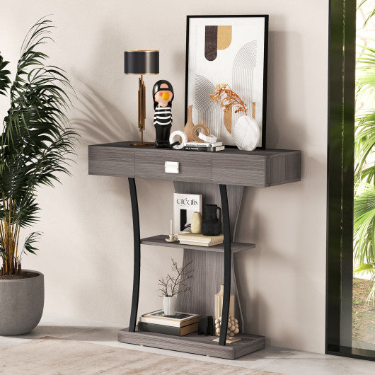 Console Table with Drawer and 2-Tier Shelves for Entryway Living Room-Gray