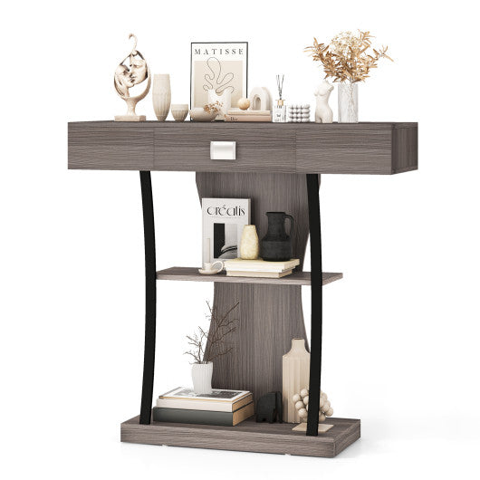 Console Table with Drawer and 2-Tier Shelves for Entryway Living Room-Gray