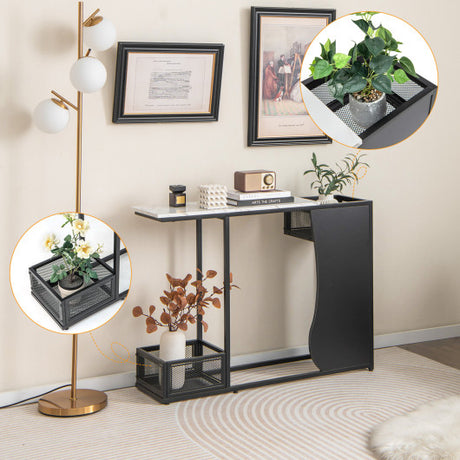 43.5 Inch Console Table with Plant Position and Faux Marble Top-Black