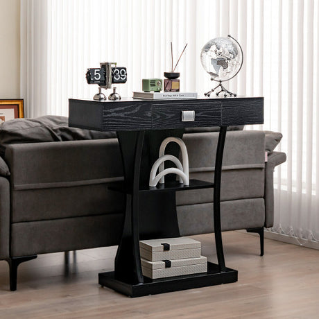 Console Table with Drawer and 2-Tier Shelves for Entryway Living Room-Black