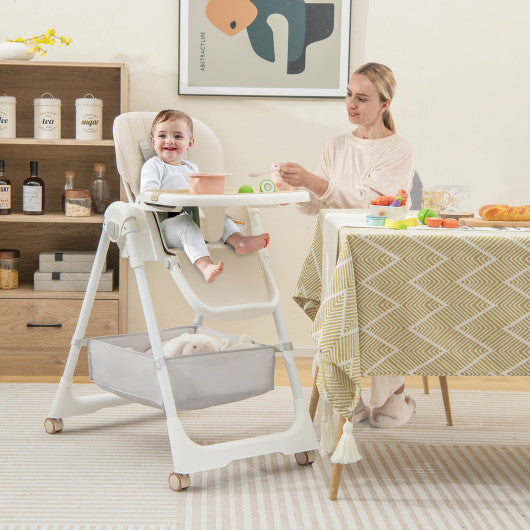 Convertible High Chair with Reclining Backrest for Babies and Toddlers-Beige
