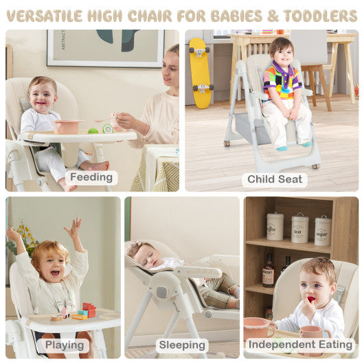 Convertible High Chair with Reclining Backrest for Babies and Toddlers-Beige