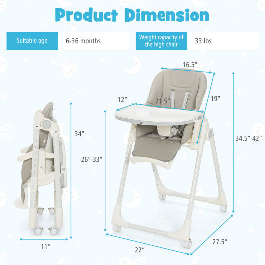 Folding High Chair with Height Adjustment and 360° Rotating Wheels-Gray