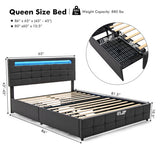 Upholstered Queen LED Bed Frame with Headboard and 4 Drawers