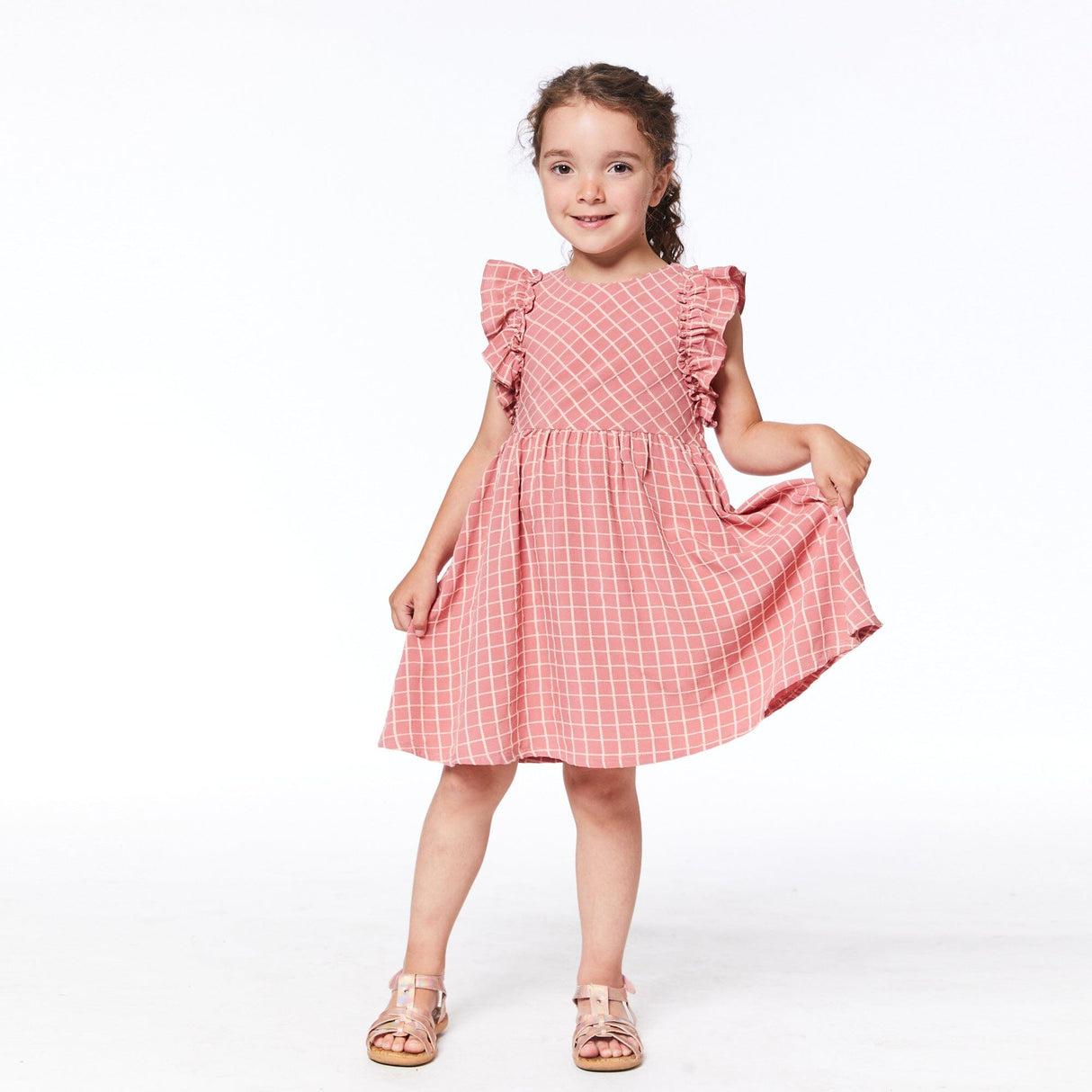 Plaid Dress With Ruffle Sleeves Cinnamon Pink by Deux par Deux