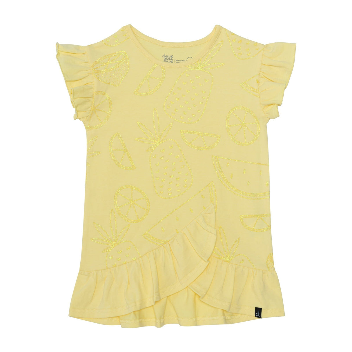 Organic Cotton Short Sleeve Glitter Graphic Tunic With Frill Yellow by Deux par Deux