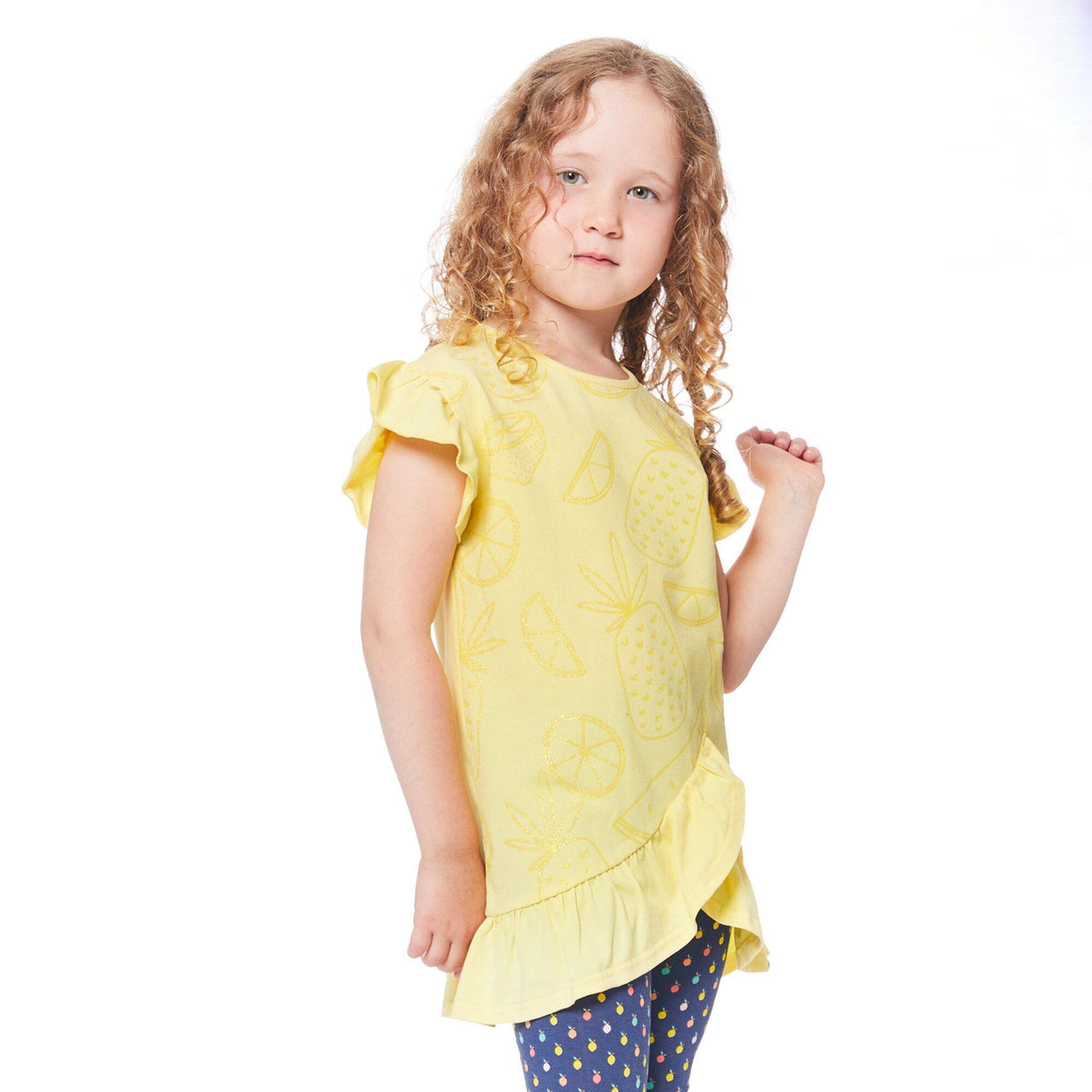Organic Cotton Short Sleeve Glitter Graphic Tunic With Frill Yellow by Deux par Deux