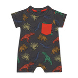 Printed French Terry Romper Charcoal Grey Multicolor Dinosaurs by Deux par Deux