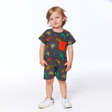 Printed French Terry Romper Charcoal Grey Multicolor Dinosaurs by Deux par Deux