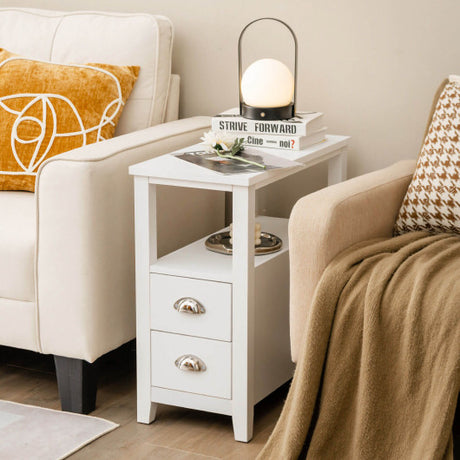 End Table Wooden with 2 Drawers and Shelf Bedside Table-White