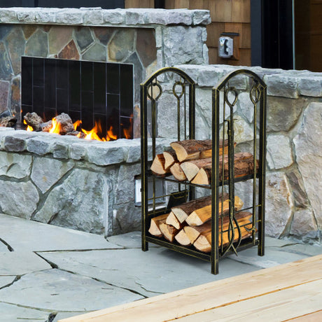 Fireplace Log Rack with 4 Pieces Fireplace Tools-Bronze