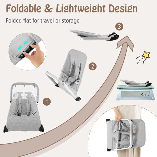 Foldable Baby Bouncer with Removable Fabric Cover and Toy Bar-Gray