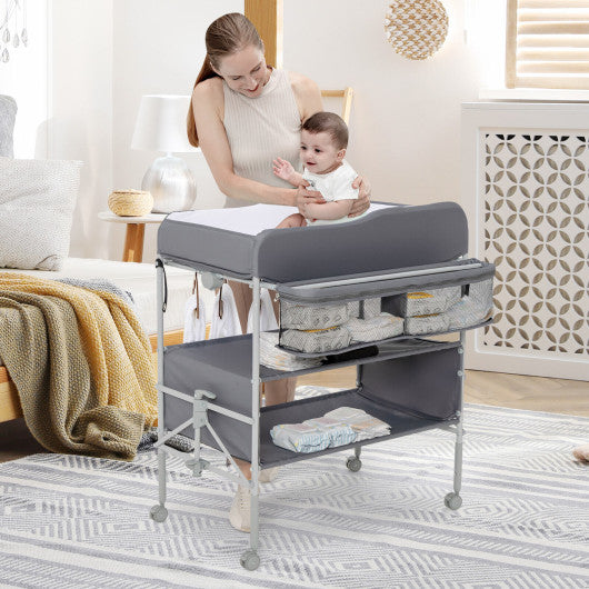 Portable Baby Changing Table with Wheels and 4-position Adjustable Heights-Gray