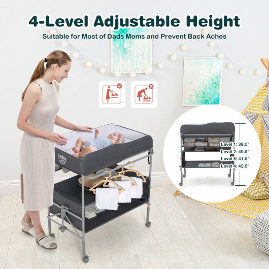 Portable Baby Changing Table with Wheels and 4-position Adjustable Heights-Gray