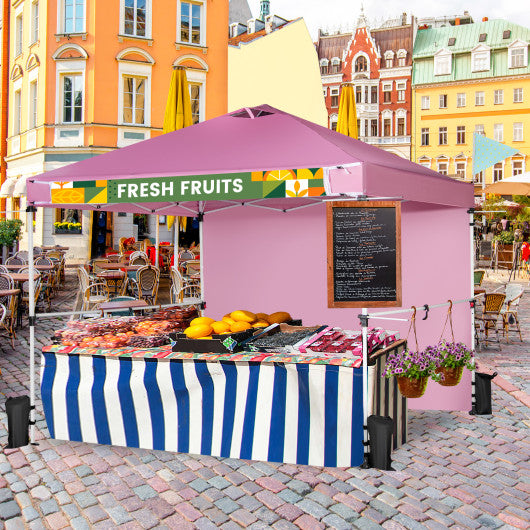 10 x 10 Feet Foldable Commercial Pop-up Canopy with Roller Bag and Banner Strip-Pink