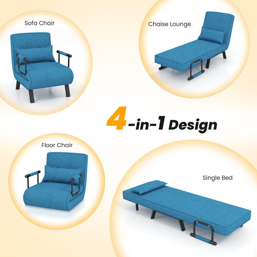 Folding 6 Position Convertible Sleeper Bed Armchair Lounge Couch with Pillow-Blue