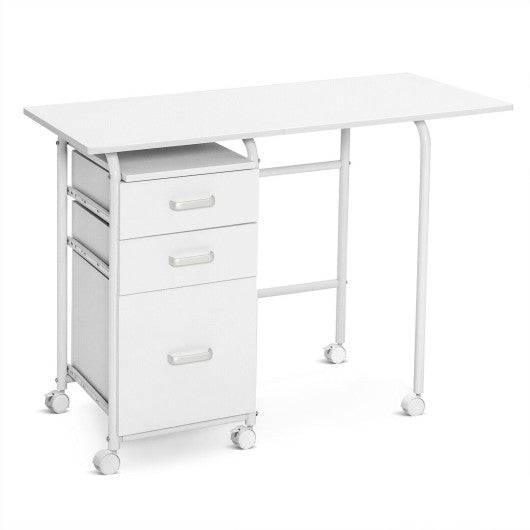 Home Office Folding Computer Laptop Desk Wheeled with 3 Drawers-White