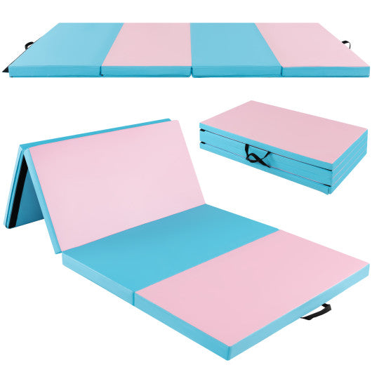 Folding Gymnastics Mat with Carry Handles and Sweatproof Detachable PU Leather Cover-Blue