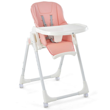 Folding High Chair with Height Adjustment and 360° Rotating Wheels-Pink