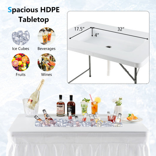 4 Feet Folding Ice Bin Table with Skirt for Camping Picnic Wedding-White