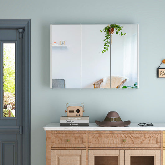 Frameless Bathroom Wall Mounted Mirror Cabinet with 3 Doors and Adjustable Shelves