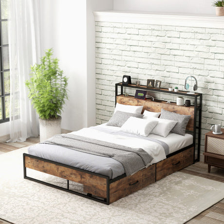 Full/Queen Bed Frame with 2-Tier Storage Headboard and Charging Station-Queen Size