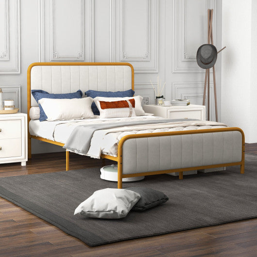Upholstered Gold Platform Bed Frame with Velvet Headboard-Full Size