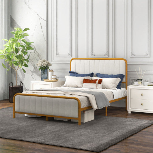 Upholstered Gold Platform Bed Frame with Velvet Headboard-Full Size