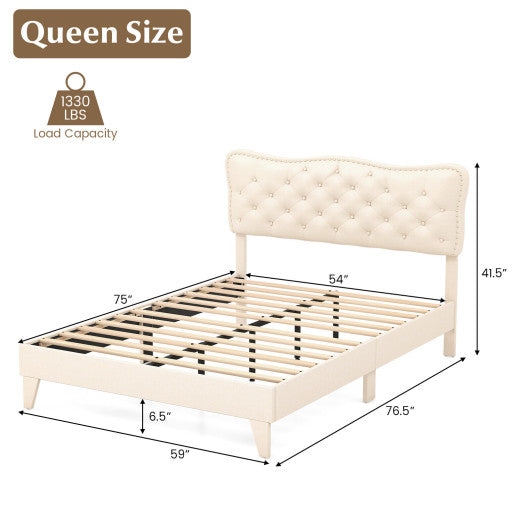 Full Size Bed Frame with Nail Headboard and Wooden Slats