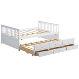 Full Size Wood Daybed Frame with Trundle Bed and 3 Storage Drawers-White