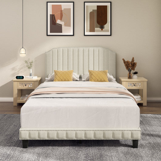 Heavy Duty Upholstered Bed Frame with Rivet Headboard-Full Size
