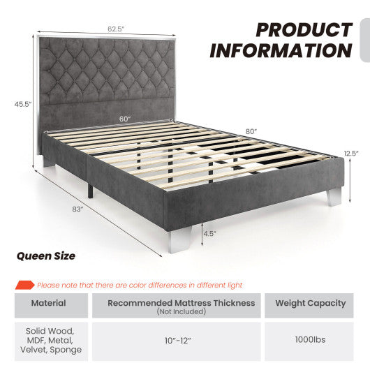 Full/Queen Size Upholstered Bed Frame with Velvet Headboard-Queen Size