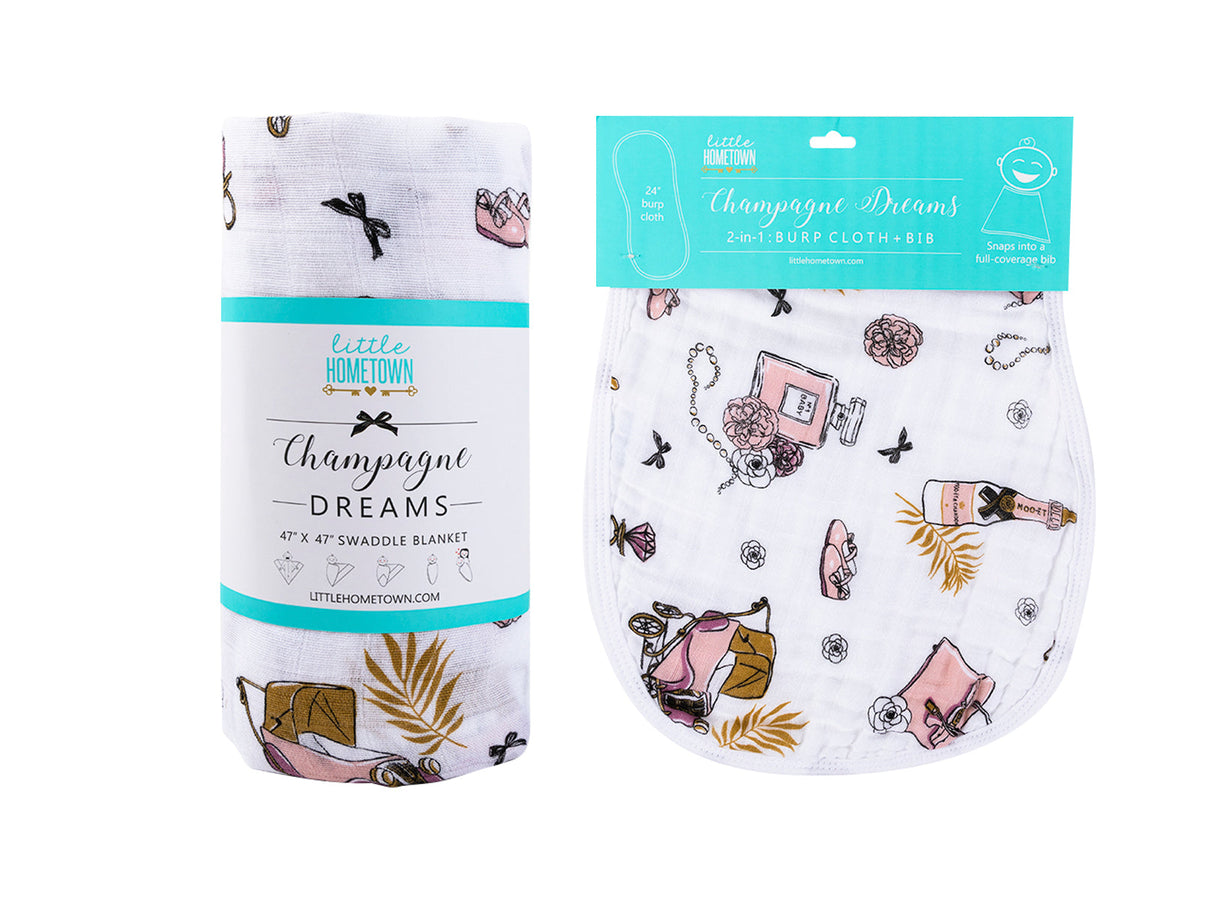 Gift Set: Champagne Dreams Baby Muslin Swaddle Blanket and Burp Cloth/Bib Combo by Little Hometown