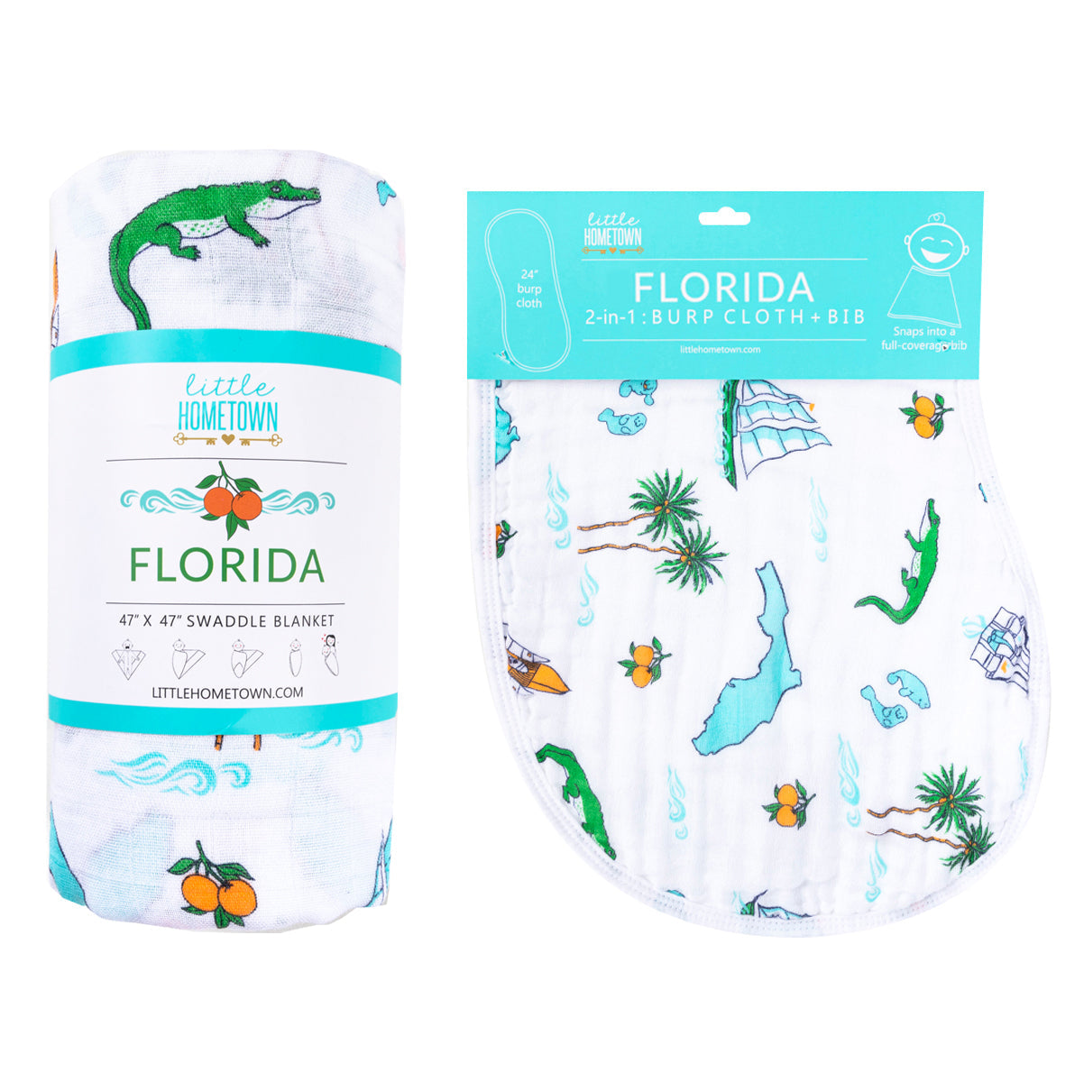 Gift Set: Florida Baby Muslin Swaddle Blanket and Burp Cloth/Bib Combo by Little Hometown