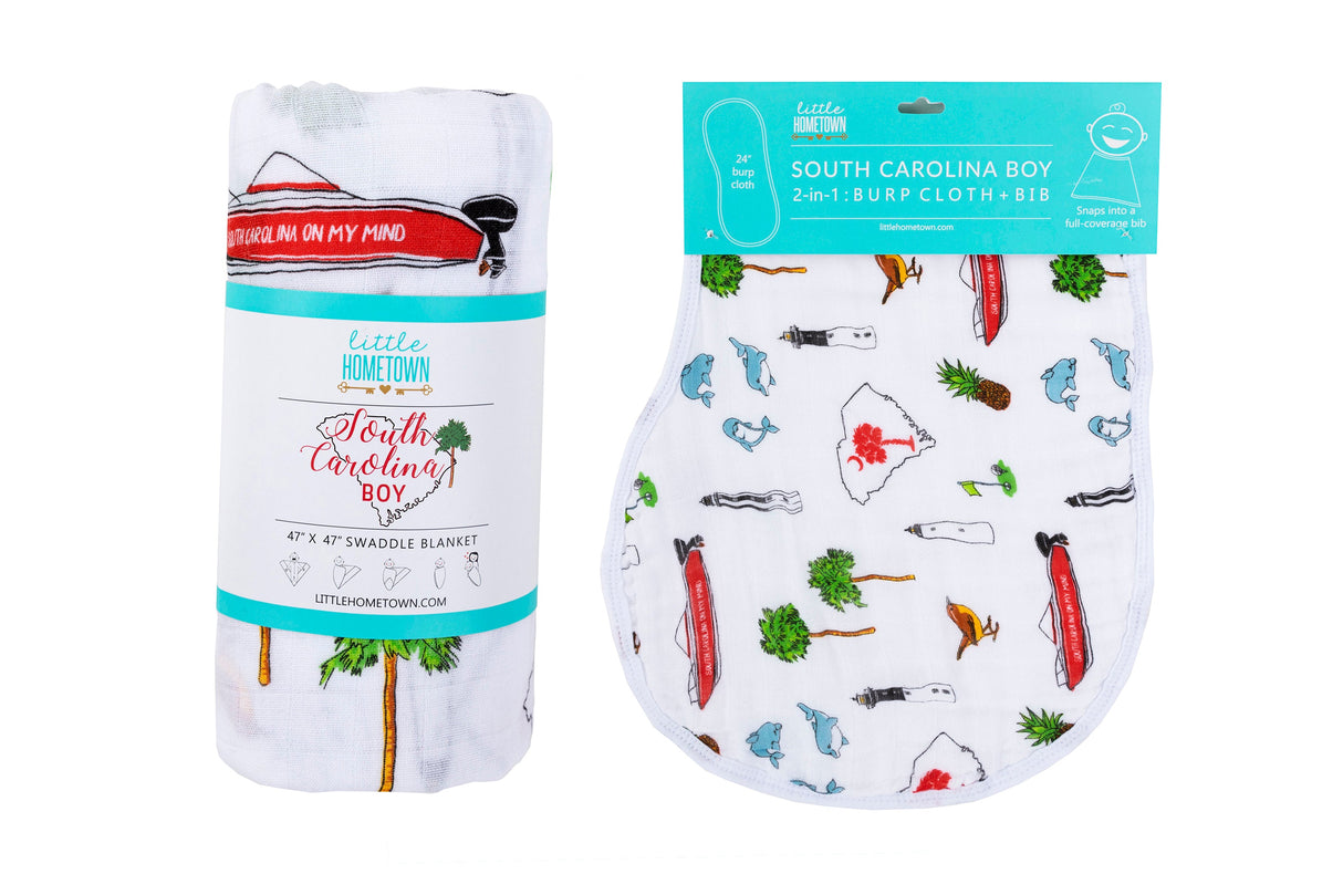 Gift Set: South Carolina Baby Boy Muslin Swaddle Blanket and Burp Cloth/Bib Combo by Little Hometown