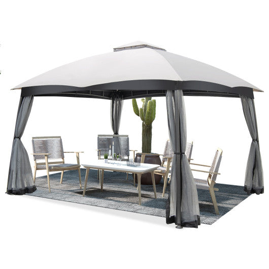 10 x 12 Feet Patio Double-Vent Canopy with Privacy Netting and 4 Sandbags-Gray