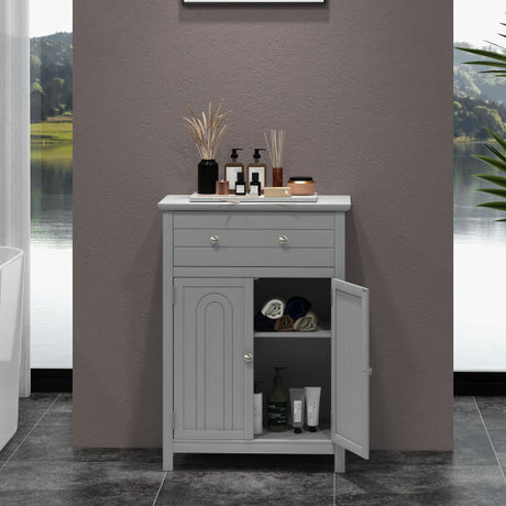 Wooden Bathroom Floor Cabinet with Drawer and Adjustable Shelf-Gray