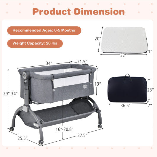 3-in-1 Baby Bassinet with Double-Lock Design and Adjustable Heights-Gray