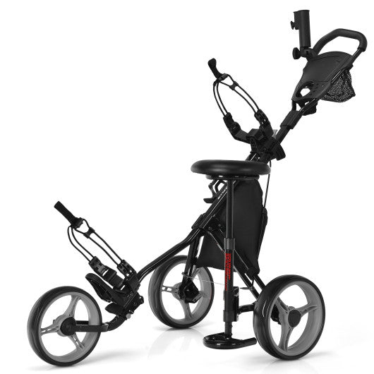 3 Wheels Folding Golf Push Cart with Seat Scoreboard and Adjustable Handle-Gray