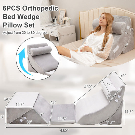 6 Pieces Bed Wedge Pillow Set for Neck Back and Leg Pain Relief-Gray