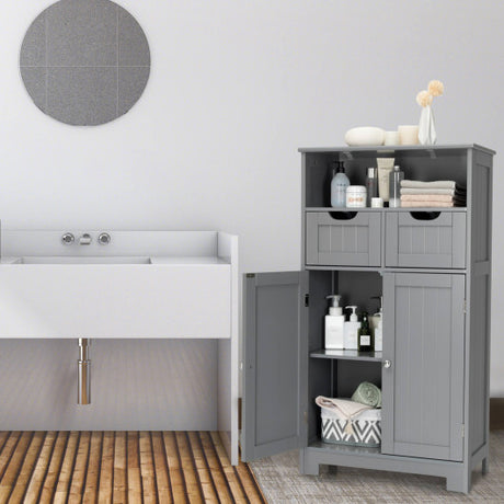 Bathroom Wooden Side Cabinet  with 2 Drawers and 2 Doors-Gray