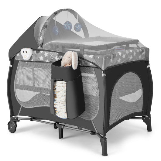5-in-1 Portable Baby Playard with Bassinet and Adjustable Canopy-Gray