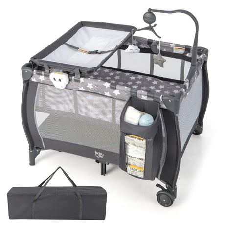 Portable Baby Playard with Changing Table Bassinet and Music Box-Gray