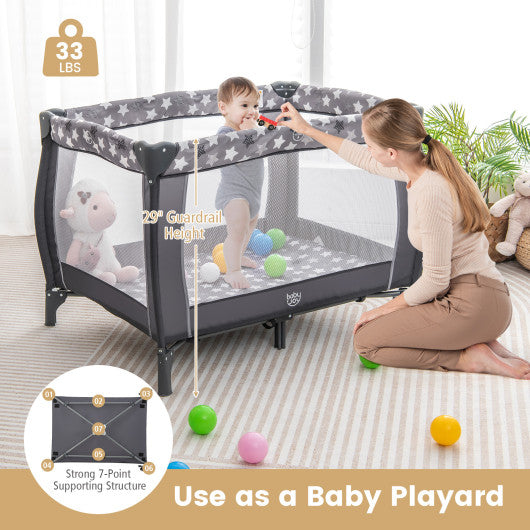 Portable Baby Playard with Changing Table Bassinet and Music Box-Gray