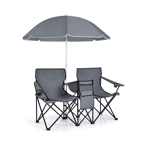 Portable Folding Picnic Double Chair With Umbrella-Gray